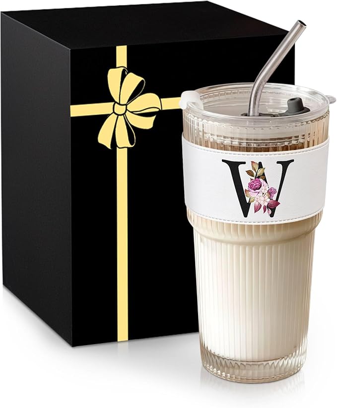 Monogram Glass Cup with Lid Straw Ribbed Ice Tea Matcha Latte Tumbler Women Family Preppy Hostess Client Cheerleader Cowgirl Senior Citizens Chaos Coordinator Bridemaid Maid of Honor Doctor Gift W