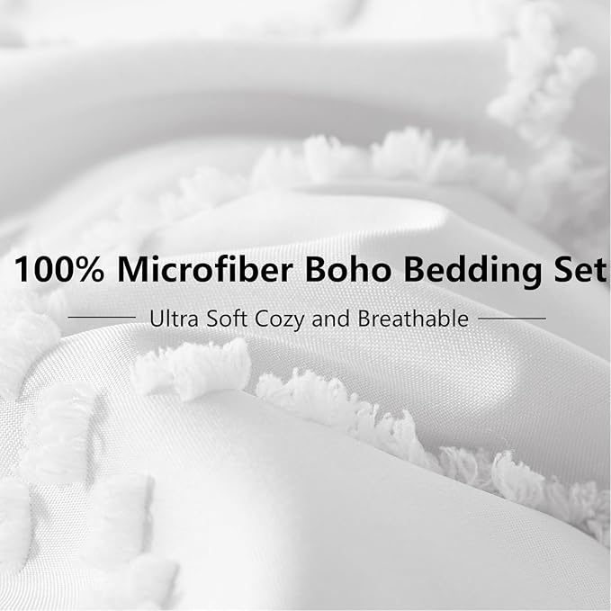 White Tufted Comforter Set King Size 7 Piece Bed in a Bag,Shabby Chic Boho Comforter and Sheet Set,All Season Soft Microfiber Complete Bedding Set(White,102"x90")