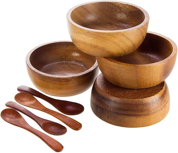 Set of 4 Small Round Acacia Wooden Bowls 2¾ Inch Diameter 1½" High With Spoons - Stackable Mixing Bowl Salad Soup Snack Dip Sauce Charcuterie Wood Tableware Sets for Decor and Serving
