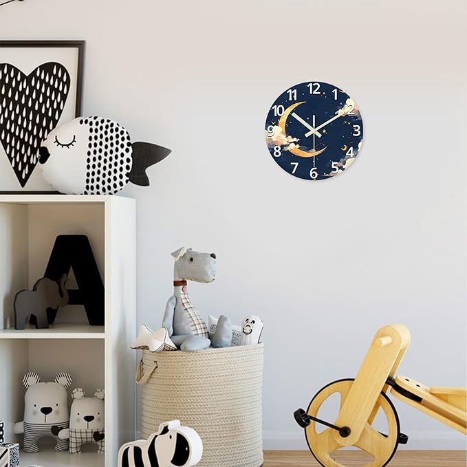 14 Inch Moon Clock for Kids Bedroom Small Glow in The Dark Wall Clock Battery Operated Analog Silent Wall Clock Non Ticking