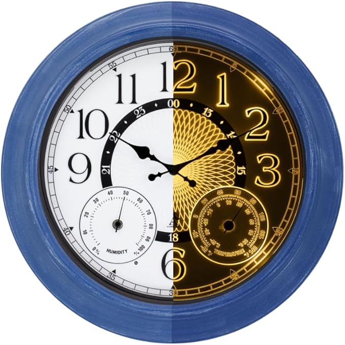 18 Inch Illuminated Retro Indoor Outdoor Wall Clocks with Thermometer and Hygrometer Waterproof Metal Large Clocks with Auto Light Smart Sensor for House Warming Gifts New Home Living Room Decor