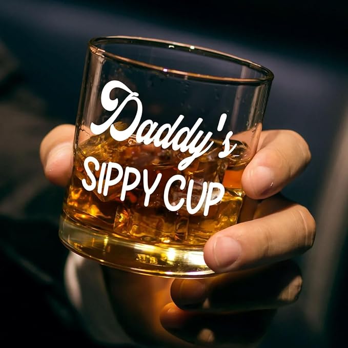 DOPTIKA Christmas Birthday Gifts For Dad, Husband Gift From Wife, 11 Oz Old Fashioned Glass For Men, Funny Gag Gifts For Men, Daddy's Sippy Cup Whiskey Glass, New Dad Gift