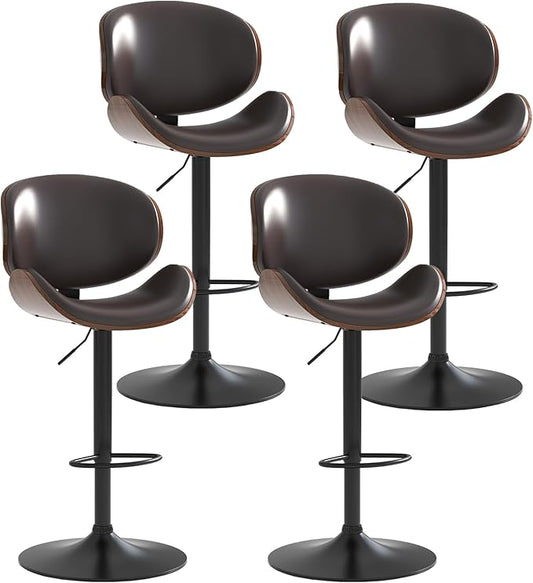 Adjustable Swivel Bar Stools Set of 4, Modern Bentwood Barstool with Large Metal Base and Footrest, PU Leather Upholstered Bar Chair with Curved Back for Kitchen Island Dining Room, Brown