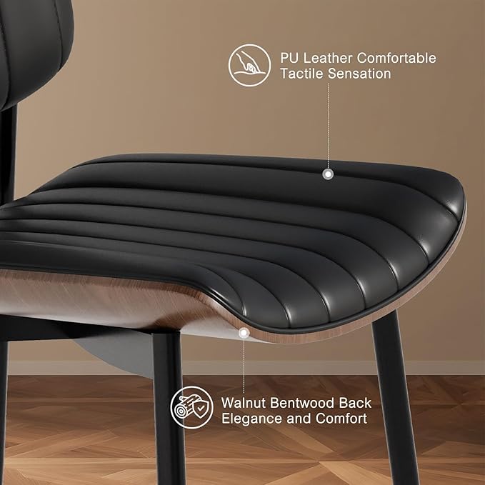 Modern Green Leather Dining Chair Set of 4, Bentwood Backrest & Black Metal Frame Ergonomic Comfort, Sustainable Style, Multi-Space Versatile, Black