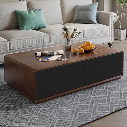 POVISON Modern Coffee Table for Living Room, 51 inch Square Coffee Table with Storage, 4-Drawers Wood Table, Full-Assembled, Walnut and Black