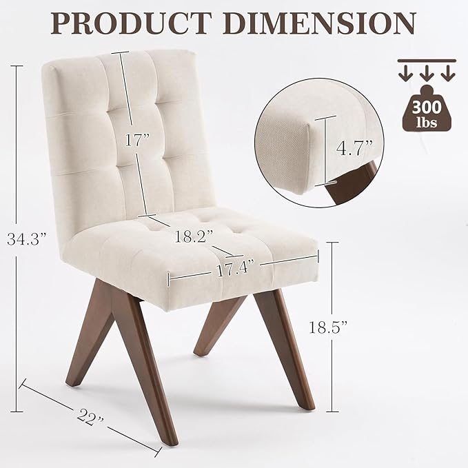 Rowill Modern Upholstered Dining Chairs Parsons Chair Linen Fabric Kitchen Chairs Tufted Armless Dining Room Chairs with Wood Legs Set of 2, Beige