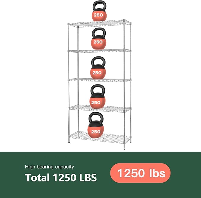 FDW 14" D×36" W×72" H Wire Shelving Unit Metal Shelf with 5 Tier Adjustable Layer Rack Commercial Strong Steel for Restaurant Garage Pantry Kitchen，Chrome