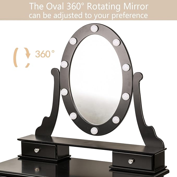 Vanity Desk, Vanity Mirror with Lights and Table Set with 5 Drawers, Wood Makeup Dressing Table with Oval Mirror & Stool for Bedroom Women Girls，Black