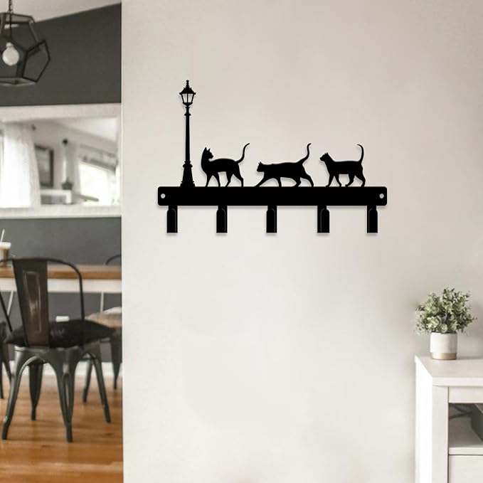 magilab Cat-Themed 10-Inch Iron Key Hooks with 5 Hooks, Black Wall Organizer - Cute Cat Design for Home Decor, No Drill & Screw-in Options (Style G)