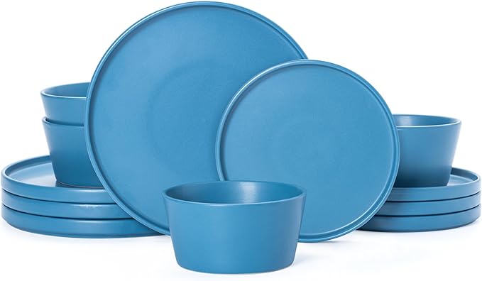 Dinnerware Sets for 4 - CJDC-QUELO 12-Piece Stoneware Plates and Bowls Sets, Ceramic Dishware Sets for Kitchen Use and Formal Dining, Chip and Scratch Resistant Microwave Dishwasher Safe, Blue