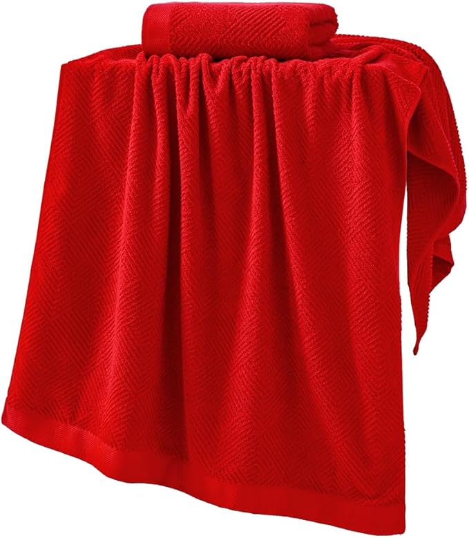 sense gnosis Red Bath Towel Set of 2 Premium 100% Cotton Herringbone Striped Weave Ultra Soft Highly Absorbent Bath Towel for Bathroom 27 X 55 Inch