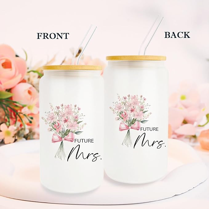 Engagement Gifts for Women, Bridal Shower Gift 16oz Glass Cup with Lid and Straw, Bride To Be Gifts, Wedding Gift for Bride, Bride Gifts, Future Mrs Mug Cup, Engaged Gifts for Her