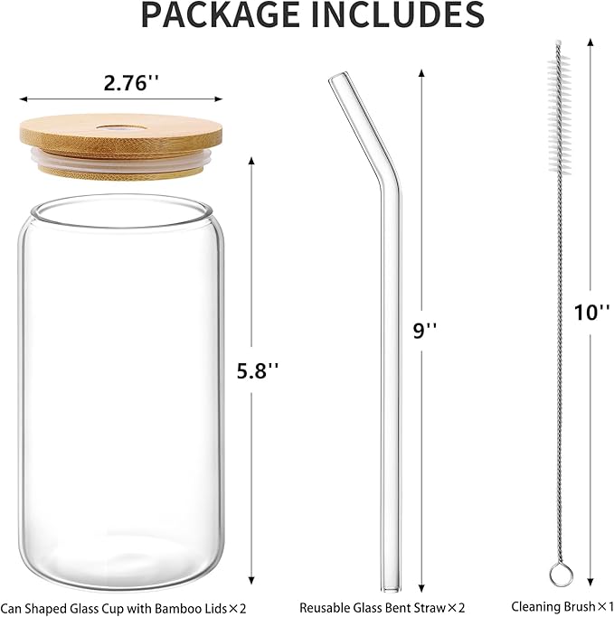 Glass Cups with Lid and Straw, 16oz Beer Glasses Coffee Cups, Iced Coffee Cups with Straw, Glass Tumbler (2 PACK)