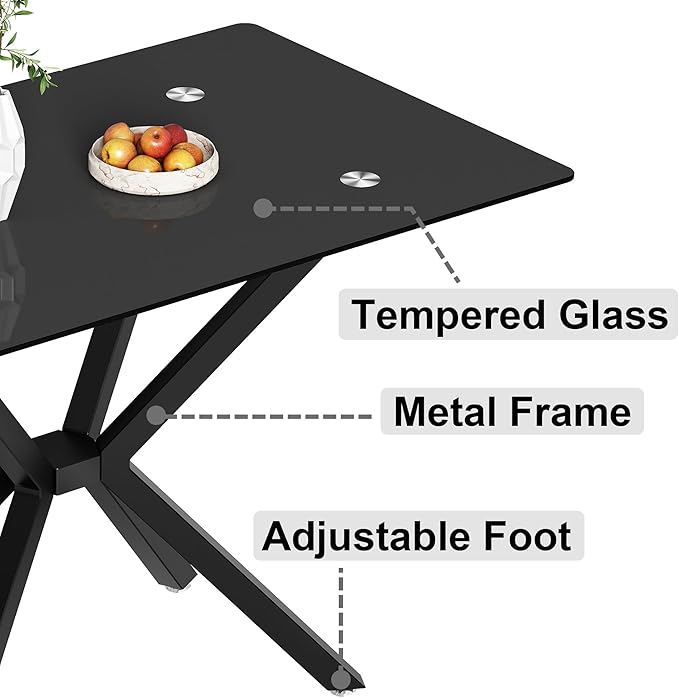 47.2" Black Glass Dining Table, Modern Kitchen Table for 4 People, Contemporary Rectangular Dining Room Dinner Tables with Black Glass Top & Black Metal X Legs for Kitchen Apartment