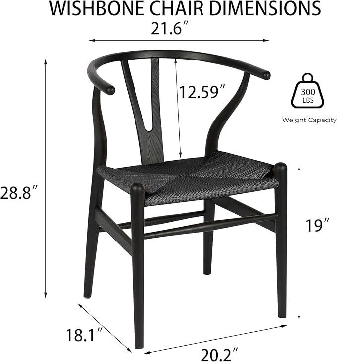 Tomile Wishbone Chair Y Chair, Wooden Dining Chairs Set of 4, Mid Century Modern Chairs with Arms, Solid Wood Weave Seat Kitchen & Dining Room Chairs (Ash Wood - Black)