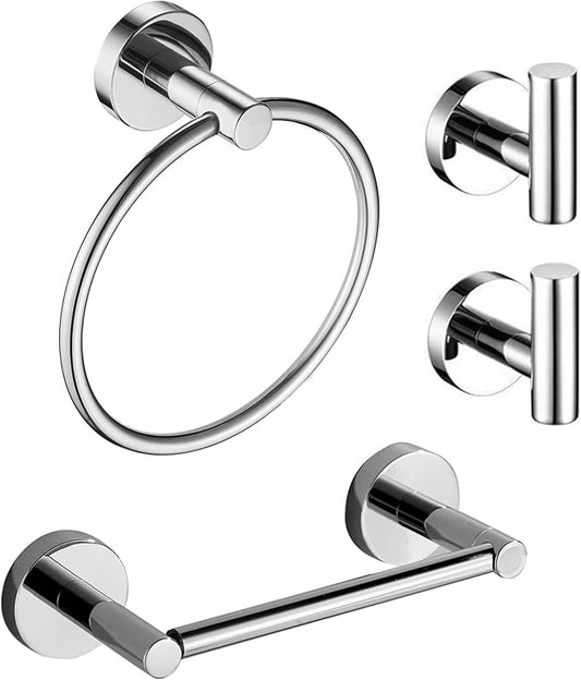 Chrome Bathroom Hardware, Polished Silver Toilet Paper Holder Towel Ring 2 Robe Hook Wall Mount Hand Towel Holder Set Tissue Roll Holder with Double Post Accessories SUS304 Stainless Steel 4pc