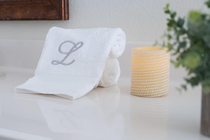 White Monogrammed Hand Towels for Bathroom - Luxury Hotel Quality Personalized Initial Embroidered Towel for Powder Room, Spa - GOTS Organic Certified - Pack of 2 Silver, Letter L