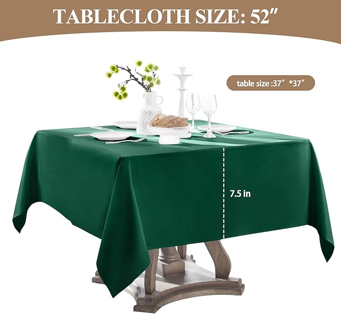 Square Tablecloth 52 x 52 Inch Dark Green Tablecloths Stain-Wrinkle Resistant Washable Polyester Table Cloths for Holiday, Buffet Parties,and Wedding 6pack