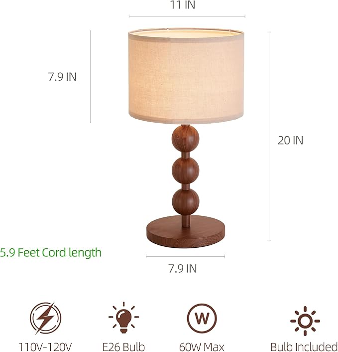 Bedside Nightstand Table Lamp for Bedroom Red Wood Pattern Iron Lamp with Fabric Shade, Mid Century Modern Farmhouse Table Lamp Desk Lamp for Living Room Home Office with LED E26 Bulb