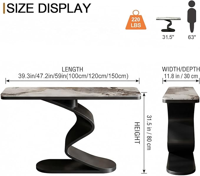 Modern Console Table with Sintered Stone Top, 47" Entryway Table with Sculptural S-Shaped Base Narrow Hallway Sofa Table Behind Couch for Living Room, Accent Furniture(White,59"x11.8"x31.5")