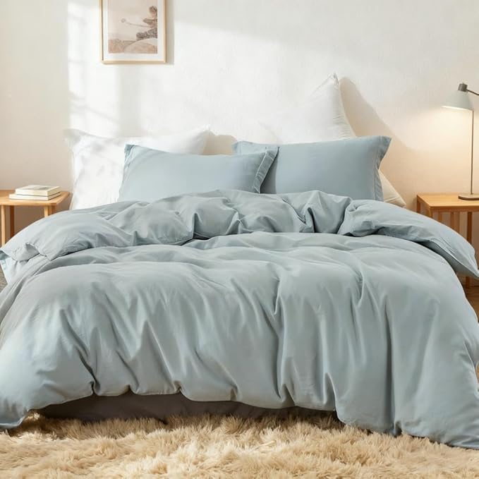 Simple&Opulence French Linen Duvet Cover Set 104"x 92"- 3 Pieces (1 Comforter Cover,2 Pillowcases)-Natural Flax Cotton Blend-Solid Color Breathable Farmhouse Bedding-Dusty Blue, King