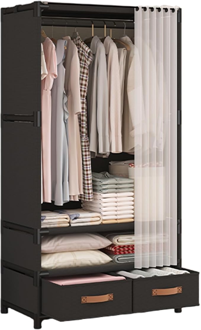 Portable Closet,Portable Closets for Hanging Clothes,Japanese Style Garment Rack Clothing Rack with 2 Drawers,1 Hanging Rods and 2 Storage Shelves,27.5" L x 17.7" W x 65.1" H,Black