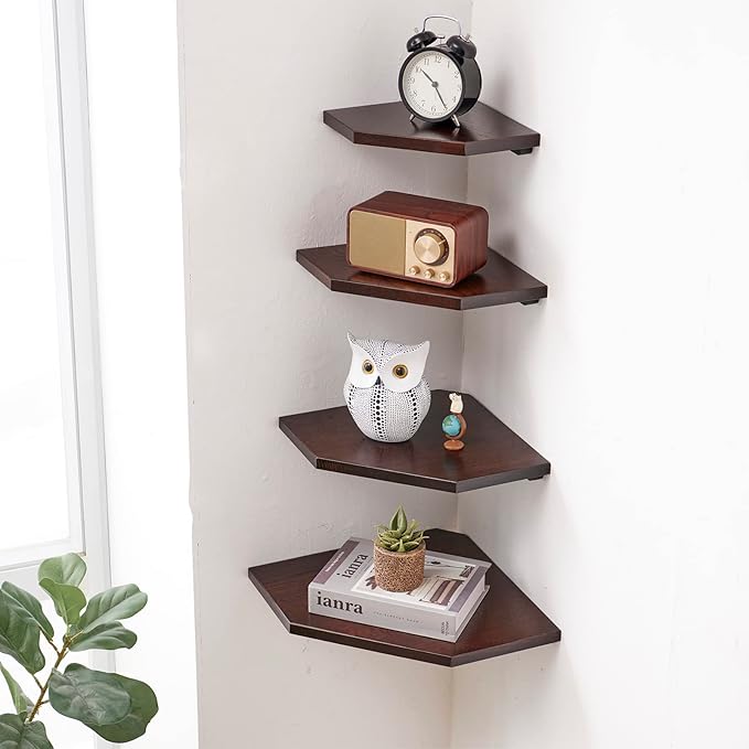 Corner Shelf Wall Mount, Set of 2 Solid Oak Wood Floating Corner Shelves with Wire Hole Display Shelf with Wire Hole Small Plant Display for Kitchen Living Room Bedroom