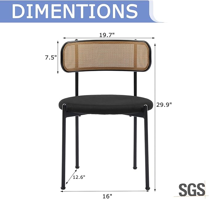 Rattan Dining Chairs Set of 2, Mid Century Modern Dining Chairs with Cane Back and Boucle Upholstered Seat, Farmhouse Kitchen Chairs for Dining Room and Living Room, Black