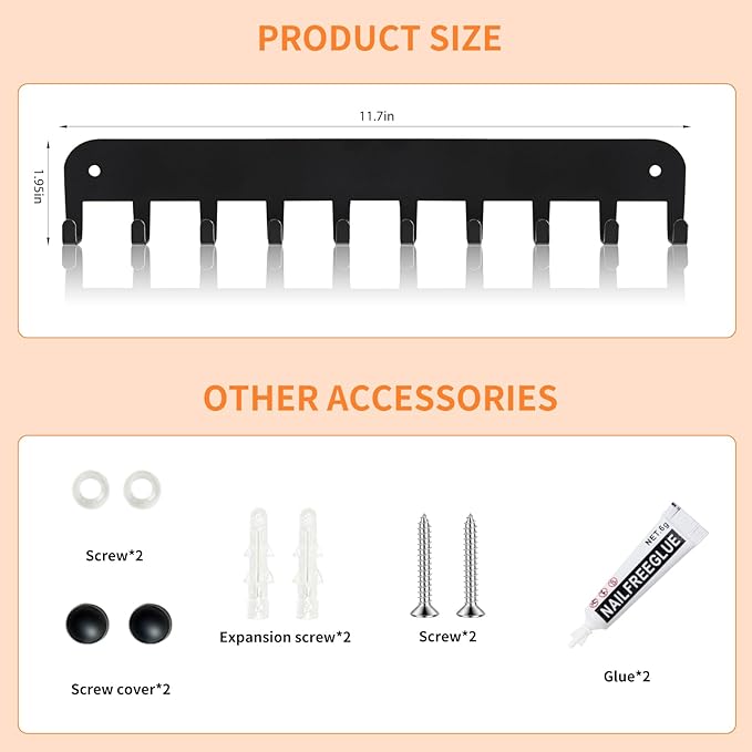 2 Pack Key Holder Wall Mount, 10 Hooks Car Key Holder for Wall, No Drilling Required, Key Rack Adhesive, Keys Hanger on Wall, Key Rack Wall Mount for Entryway, Living Room, Hallway (Black)