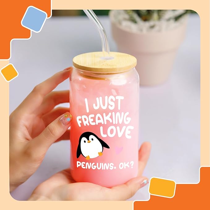 NewEleven Penguin Christmas Gifts For Women - Penguin Stuff For Pengy Lovers - Cute Funny Christmas Gift, Gift For Women, Best Friend, Sister, Daughter, Coworker - 16 Oz Coffee Glass