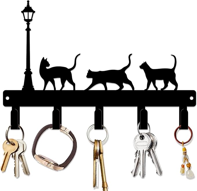 magilab Cat-Themed 10-Inch Iron Key Hooks with 5 Hooks, Black Wall Organizer - Cute Cat Design for Home Decor, No Drill & Screw-in Options (Style G)