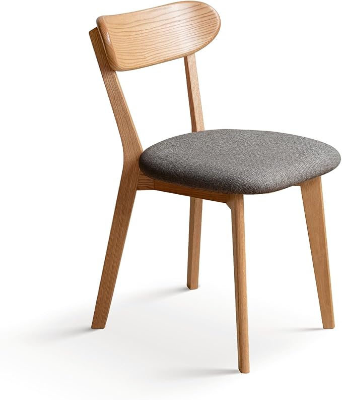 100% Solid Wood Upholstered Dining Chairs, Mid Century Modern Oak Dining Chairs with Curved Back with Butterfly Wing Shape for Kitchen, Dining Room, Restaurant (1PK, Log Color-Dark Gray Cushion)