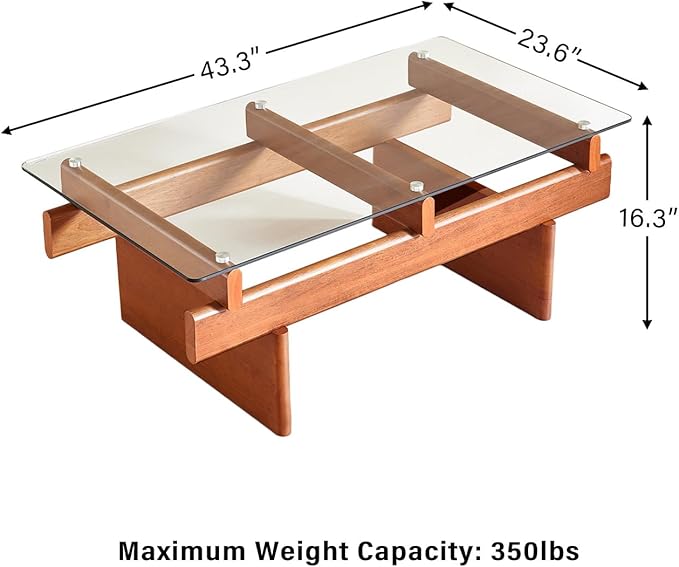 IWOOD Glass Coffee Table for Living Room,100% Solid Wood Coffee Table with Rectangular Tempered Glass Top,Mid Century Modern Coffee Table,Walnut