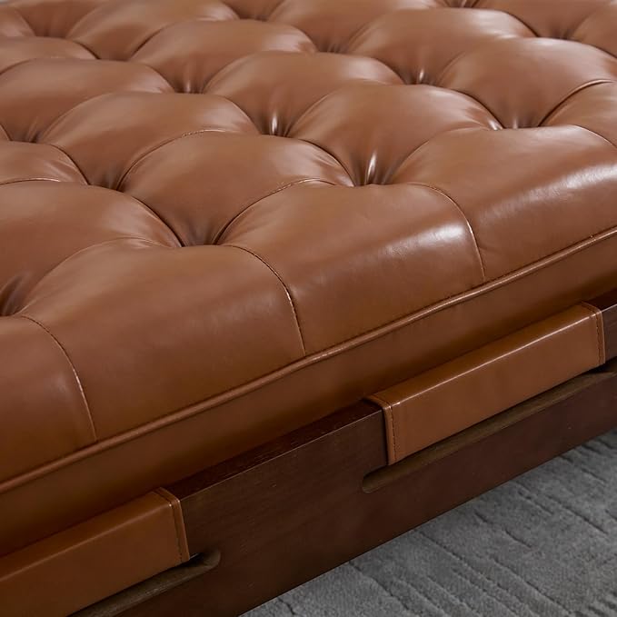 Kmax Coffee Table, 48 Inch Leather Ottoman Coffee Table Rectangular Upholstered Dark Wood Center Table Tufted Tea Table, Oversized Footrest Stool for Living Room - PU, Brown
