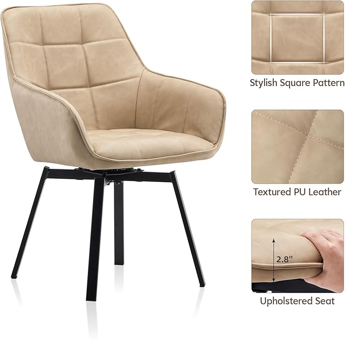 TUKAILAi Modern Swivel Armchairs Set of 6, Faux Leather Upholstered Accent Dining Chairs with Metal Legs, Rotatable Leisure Chair for Kitchen Guest Reception Restaurant Commercial (Cream)