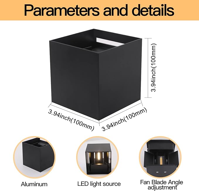 4 Pack Outdoor Wall Lights Exterior/Interior LED Wall Sconces IP65 Waterproof Square Aluminum Wall Lamps Outdoor Lighting Fixture Up and Down Lights Modern Black 12W 6500K Cold Lights