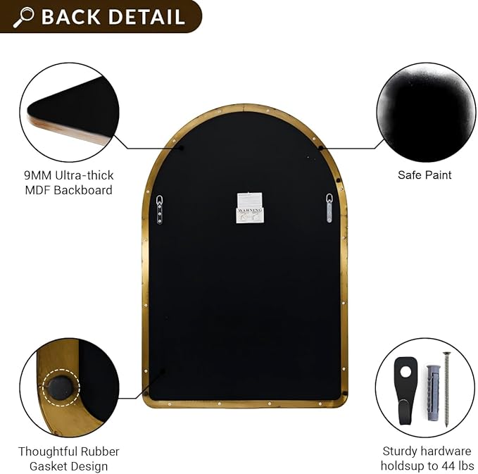 ANDY STAR Arched Mirror, 24 x 36 Inch Gold Wall Mirror in Stainless Steel Metal Frame, Arch Top Rounded Corner 1 Inch Deep Set Design Wall Mount Hangs Vertical