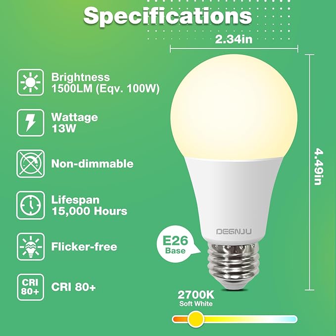 Light Bulbs,100 Watt LED Light Bulb Equivalent, 1500LM, Soft White 2700K Bulb with E26 Base, 13W Bright LED Bulb, 15000H, Non-Dimmable, White E26 Bulbs for Rooms, 12 Pack