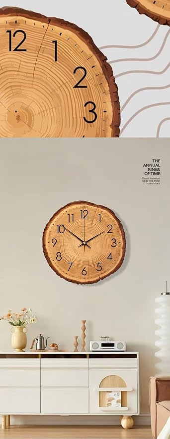 Rustic Wood Wall Clock, Silent Non-Ticking, 12 Inch Round, Battery Operated, Farmhouse Style, for Home, Kitchen, Bathroom, Bedroom, Office