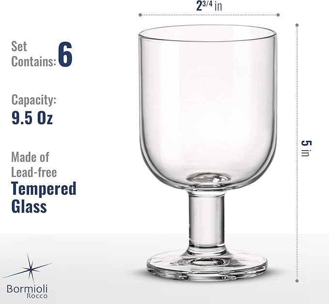 Bormioli Rocco Hosteria Set Of 6 Stackable Wine Glasses, 9.5 Oz. Goblet, Clear Tempered Glass, Made In Italy.