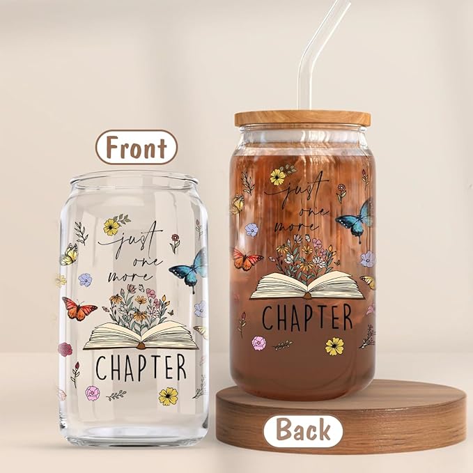 Book Lovers Gifts: 16 oz Glass Cups with Lid and Straw, Floral Butterfly Iced Coffee Can, Just One More Chapter