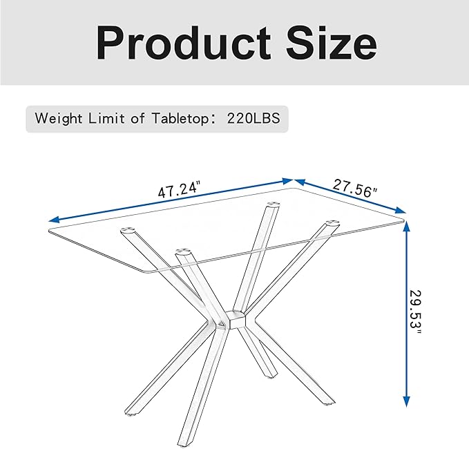 47" Tempered Glass Dining Table for 4, Modern Kitchen Table Rectangle Top, Geometric Metal Leg, for Apartment Dining Room Restaurant (Black)