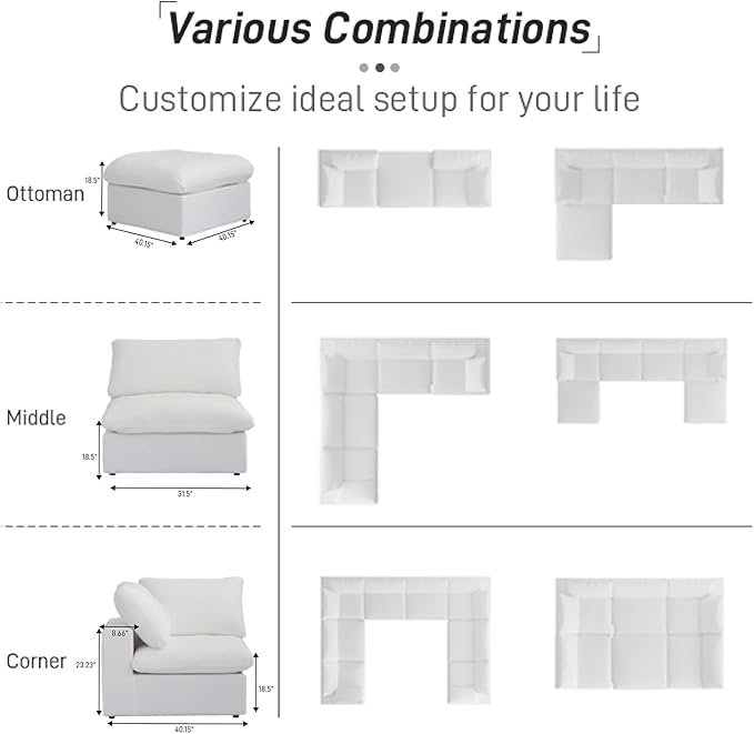 Cloud Modular Sectional Sofa Couch,Oversized Couch 6 Seater for Living Room,160.6" V Shaped Convertible Couches with Storage Ottoman, Covers Washable&Replaceable,White