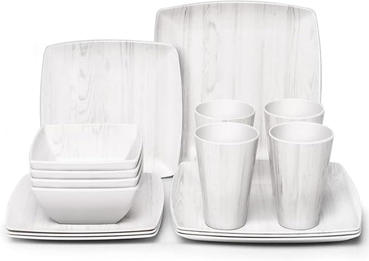 Melamine Dinnerware Set 16Pcs Wood-looking - Dish Dishware Square Mugs Tumbler Wood Grain Woodland Plastic Outdoor Plates Bowls Durable Service for 4