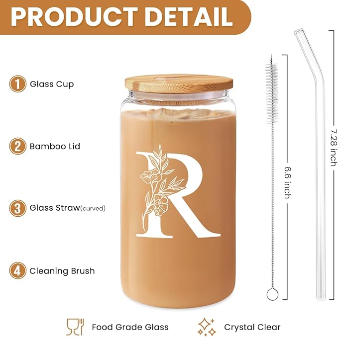 SANDJEST Monogrammed Gifts for Women - Monogram R Initial Glass Cup 16 Oz Can Coffee Cups with Lid and Straw - Monogram Initials Gifts for Womens on Birthday