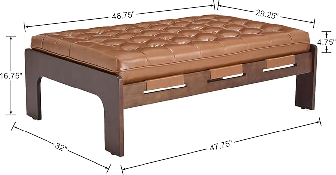 Kmax Coffee Table, 48 Inch Leather Ottoman Coffee Table Rectangular Upholstered Dark Wood Center Table Tufted Tea Table, Oversized Footrest Stool for Living Room - PU, Brown