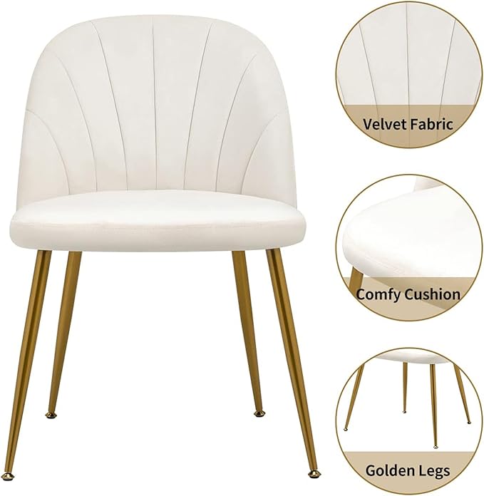 Velvet Dining Chairs Set of 6, Mid-Century Modern Upholstered Kitchen Chair with Metal Gold Legs for Living Room, Dining Room, White