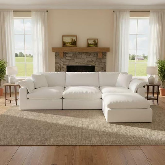Modular Sectional Sofa Cloud Couch,Down Filled Comfy Cloud Modern Sofa,White Linen L Shape Oversized Couch Cushion Covers Removable Furniture for Living Room