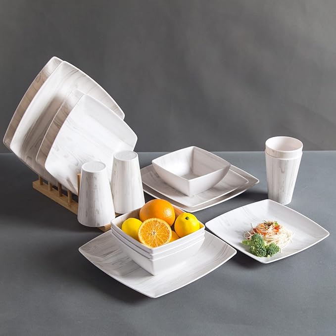 Melamine Dinnerware Set 16Pcs Wood-looking - Dish Dishware Square Mugs Tumbler Wood Grain Woodland Plastic Outdoor Plates Bowls Durable Service for 4