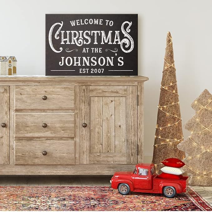 Milweb1 Personalized Family Name Welcome To Christmas/Rustic Vintage Farmhouse Holiday Decor Canvas Sign Holiday Decorations Wall Decor Print (24"x36")